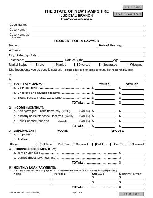 Form NHJB-4044-DSSUPE Request for a Lawyer - New Hampshire