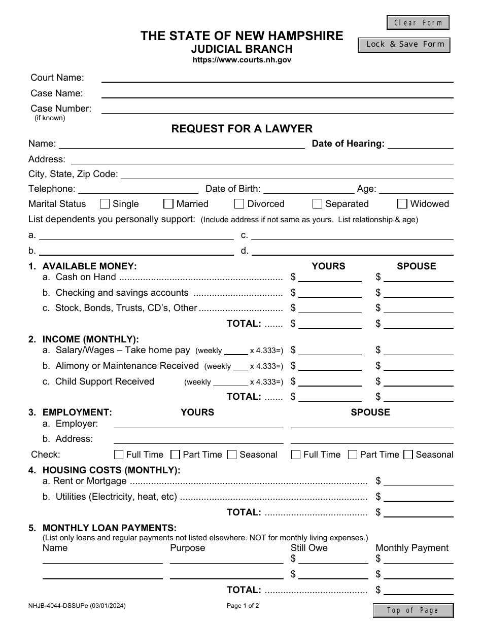 Form NHJB-4044-DSSUPE Request for a Lawyer - New Hampshire, Page 1