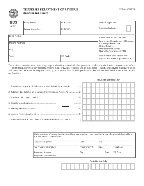 Form BUS428 (RV-R00107) Business Tax Return - Tennessee