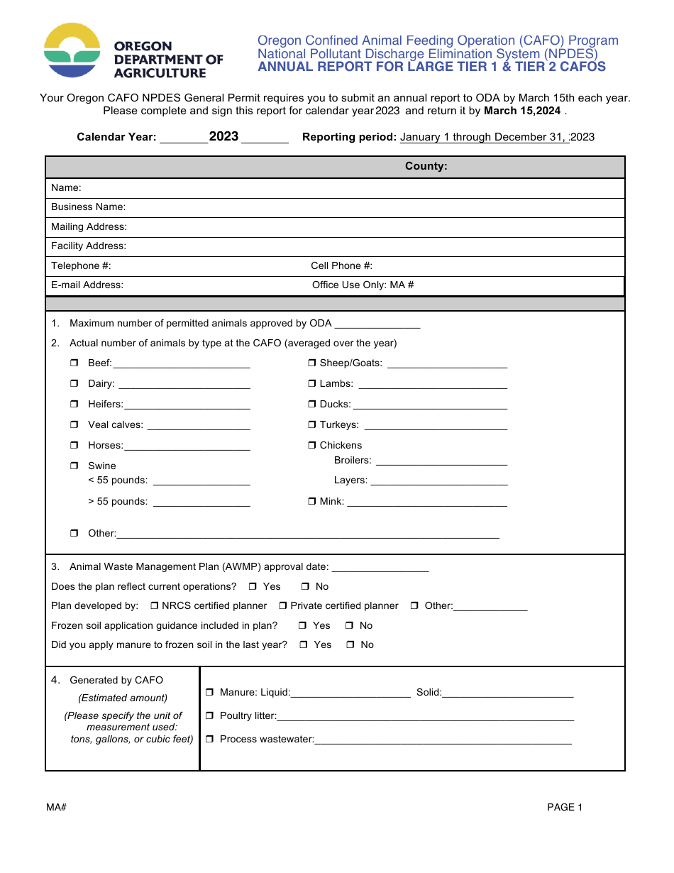 Annual Report for Large Tier 1  Tier 2 Cafos - Oregon, Page 1