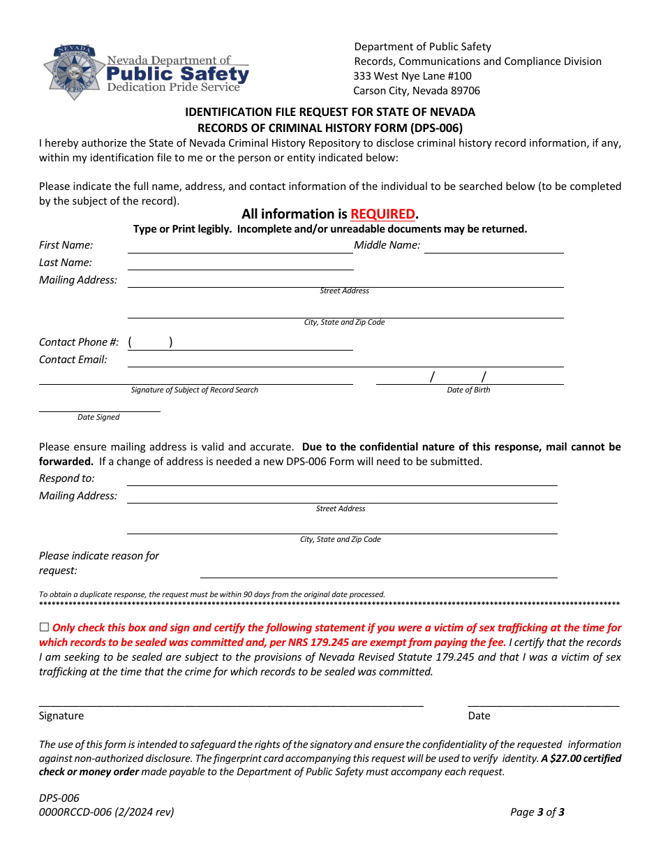 Form DPS-006 Identification File Request for State of Nevada - Records of Criminal History Form - Nevada, Page 3