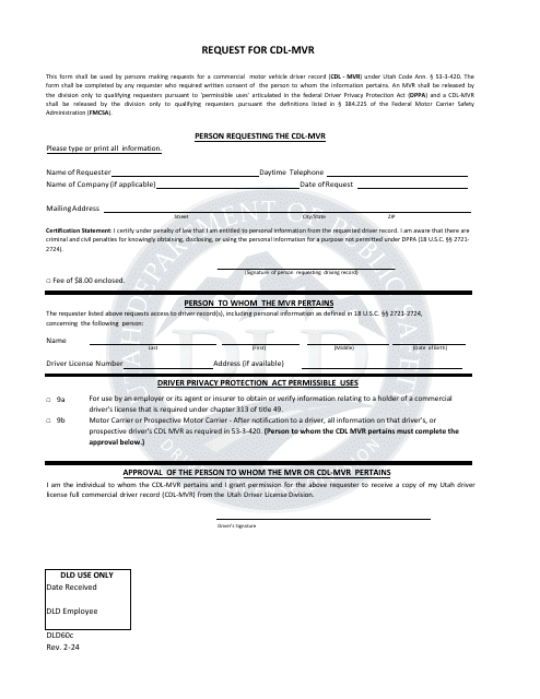 Form DLD60C Request for Cdl-Mvr - Utah
