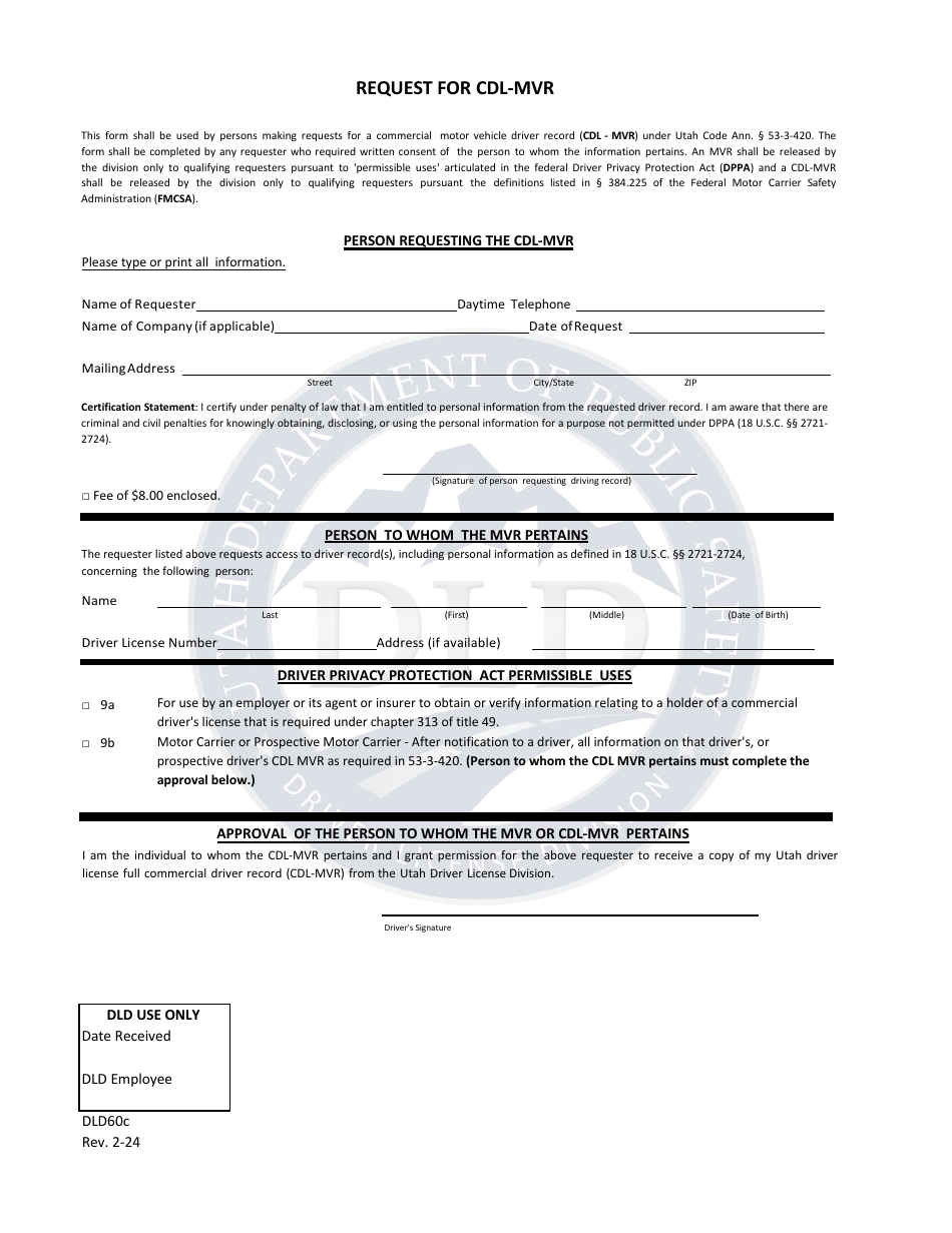 Form DLD60C Request for Cdl-Mvr - Utah, Page 1