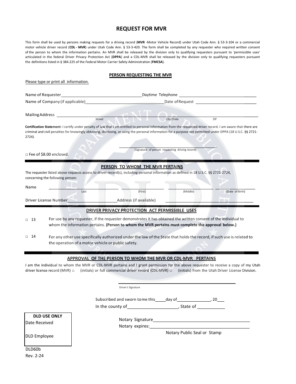 Form DLD60B Request for Mvr - Utah, Page 1