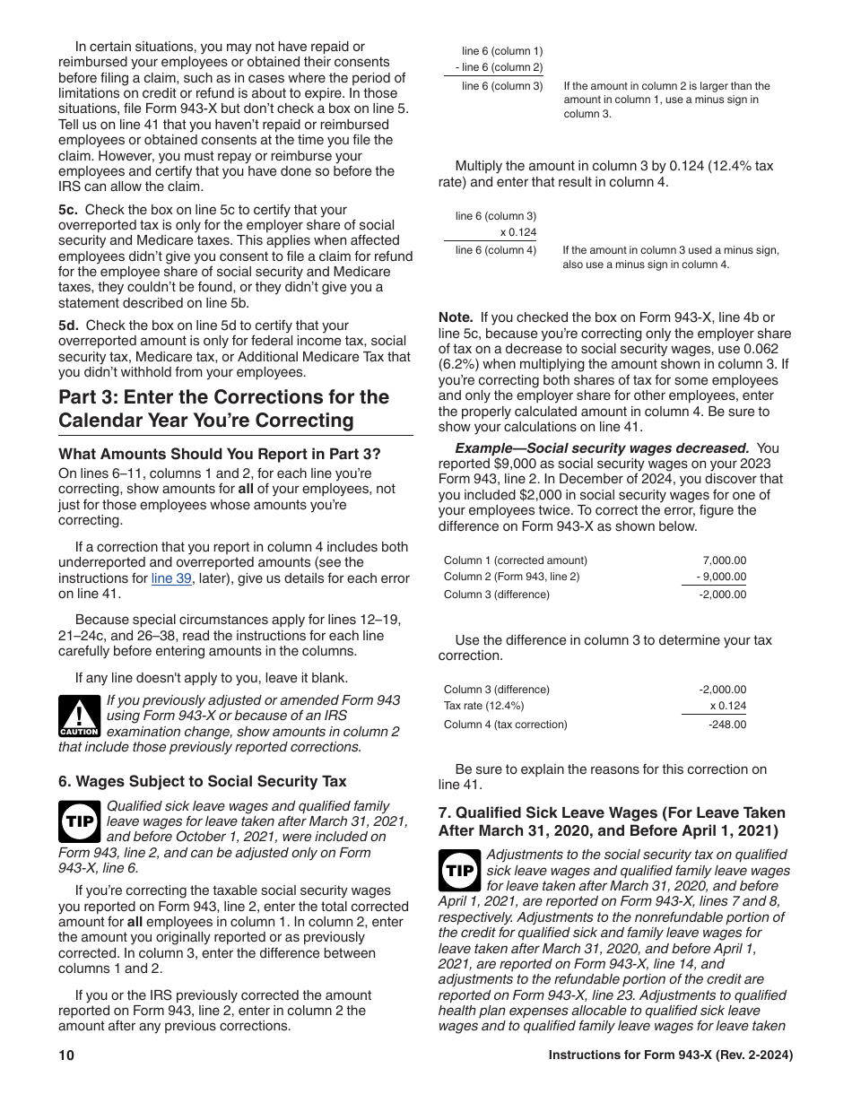 Instructions for IRS Form 943-X Adjusted Employers Annual Federal Tax Return for Agricultural Employees or Claim for Refund, Page 10