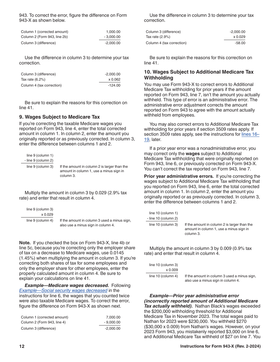 Instructions for IRS Form 943-X Adjusted Employers Annual Federal Tax Return for Agricultural Employees or Claim for Refund, Page 12