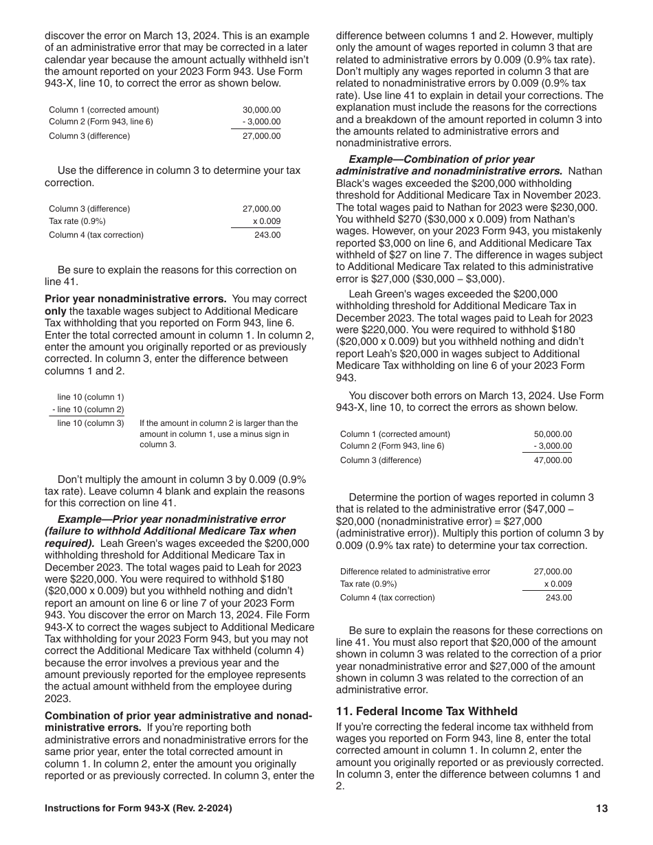 Instructions for IRS Form 943-X Adjusted Employers Annual Federal Tax Return for Agricultural Employees or Claim for Refund, Page 13