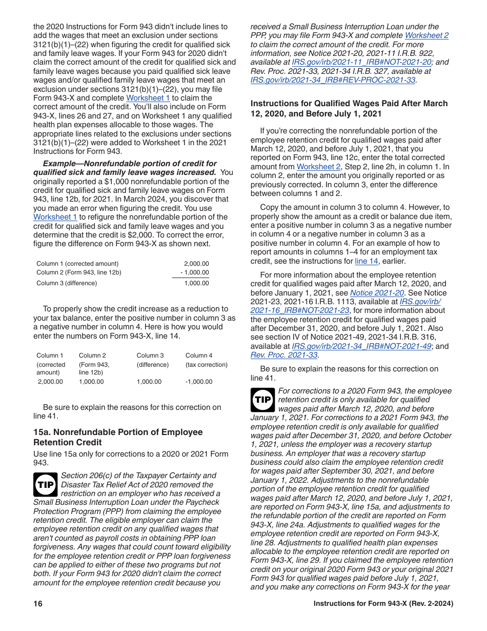 Instructions for IRS Form 943-X Adjusted Employers Annual Federal Tax Return for Agricultural Employees or Claim for Refund, Page 16