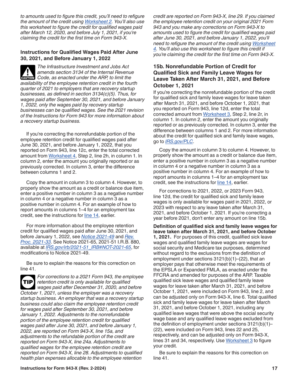 Instructions for IRS Form 943-X Adjusted Employers Annual Federal Tax Return for Agricultural Employees or Claim for Refund, Page 17