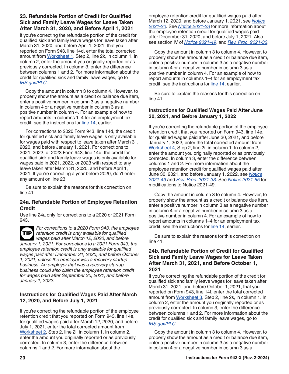 Instructions for IRS Form 943-X Adjusted Employers Annual Federal Tax Return for Agricultural Employees or Claim for Refund, Page 20
