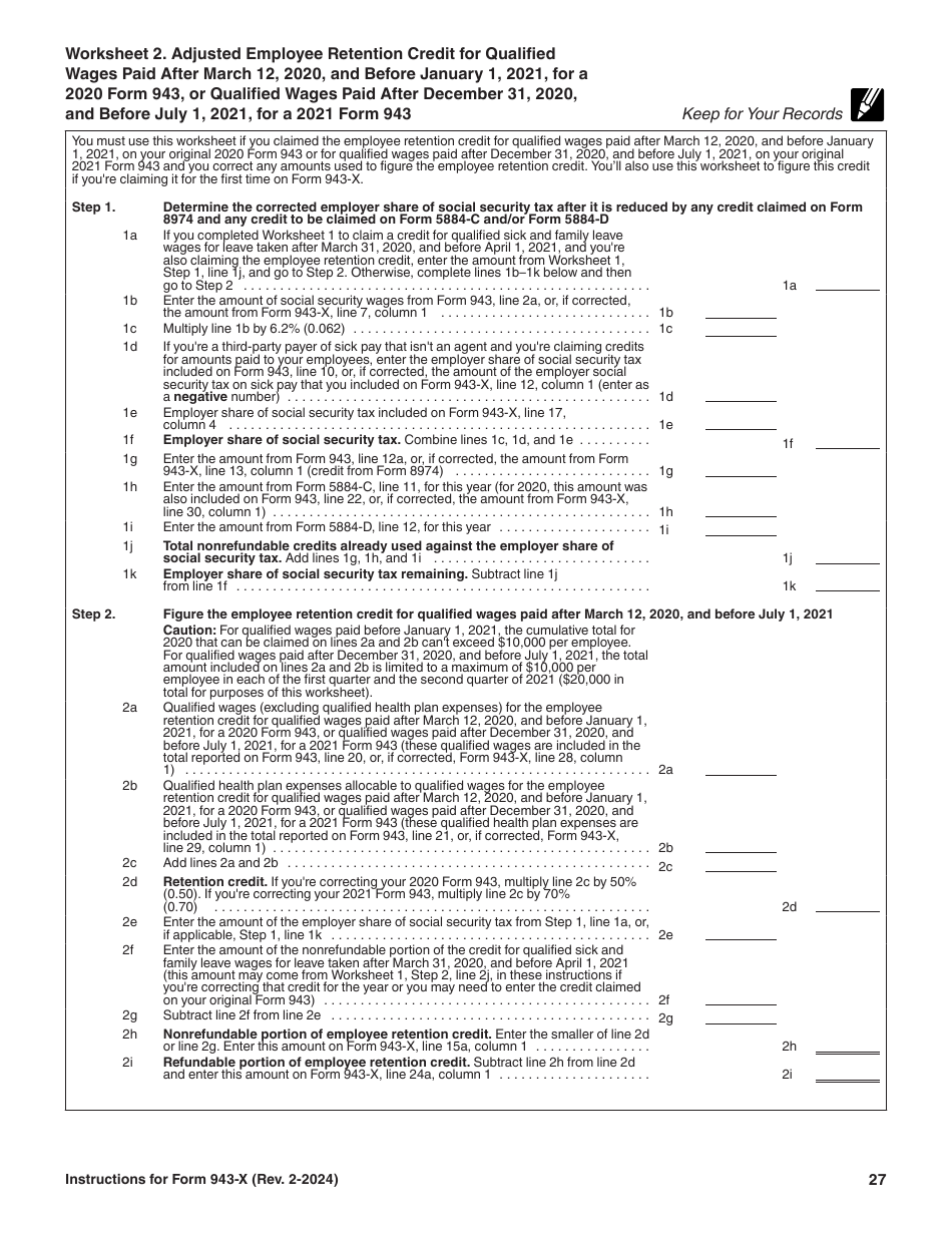 Instructions for IRS Form 943-X Adjusted Employers Annual Federal Tax Return for Agricultural Employees or Claim for Refund, Page 27