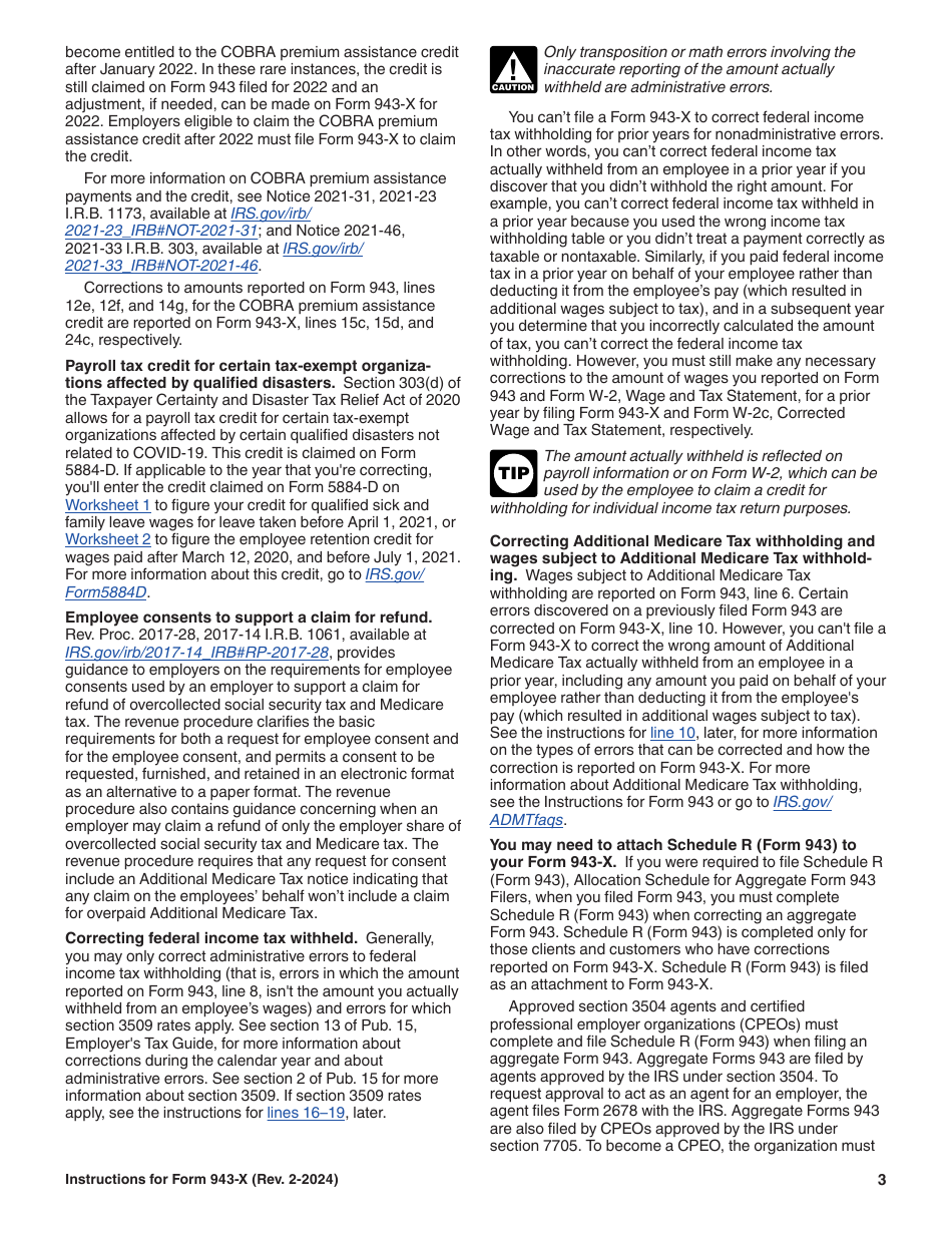 Instructions for IRS Form 943-X Adjusted Employers Annual Federal Tax Return for Agricultural Employees or Claim for Refund, Page 3