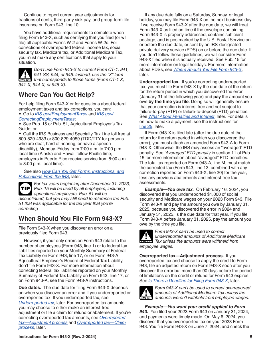 Instructions for IRS Form 943-X Adjusted Employers Annual Federal Tax Return for Agricultural Employees or Claim for Refund, Page 5