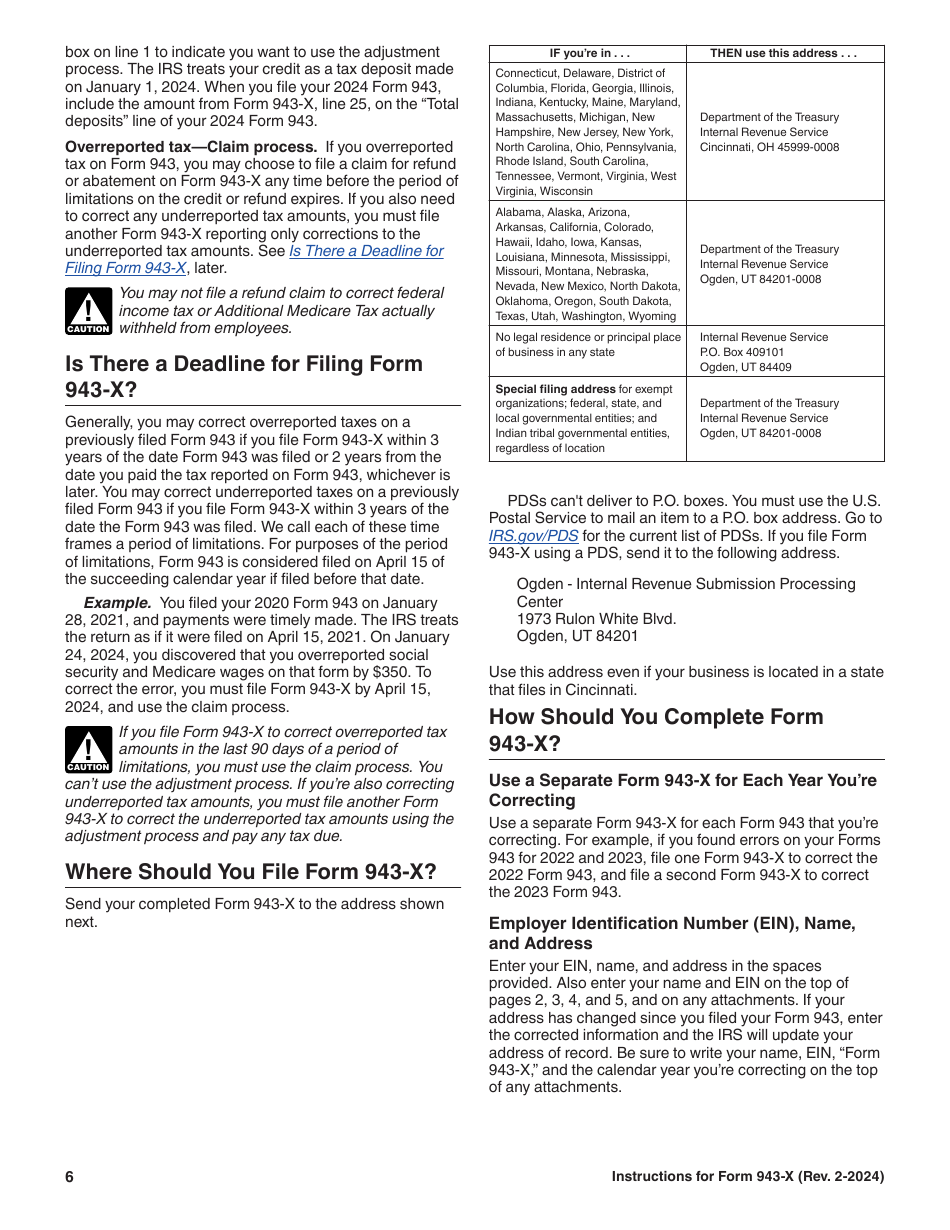 Instructions for IRS Form 943-X Adjusted Employers Annual Federal Tax Return for Agricultural Employees or Claim for Refund, Page 6