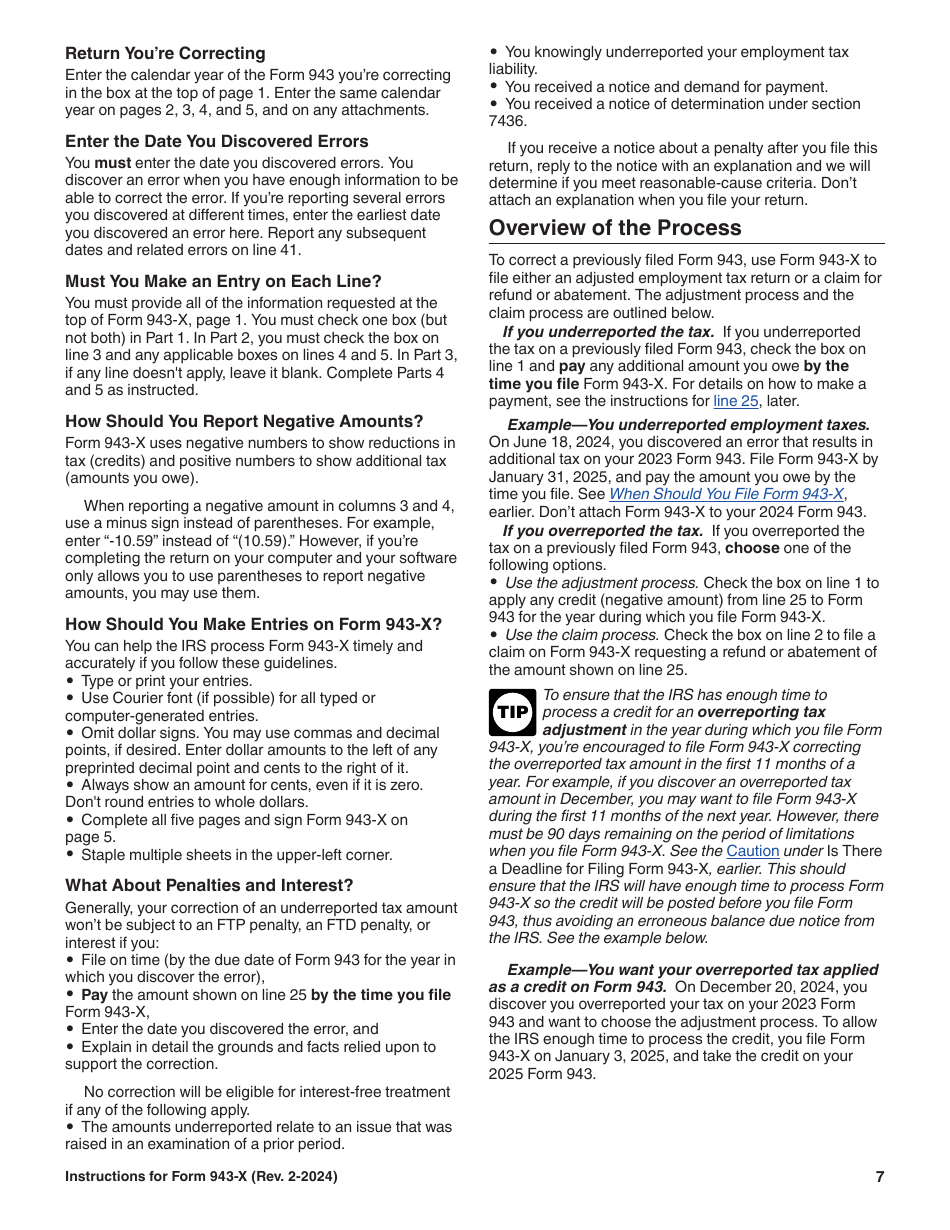 Instructions for IRS Form 943-X Adjusted Employers Annual Federal Tax Return for Agricultural Employees or Claim for Refund, Page 7