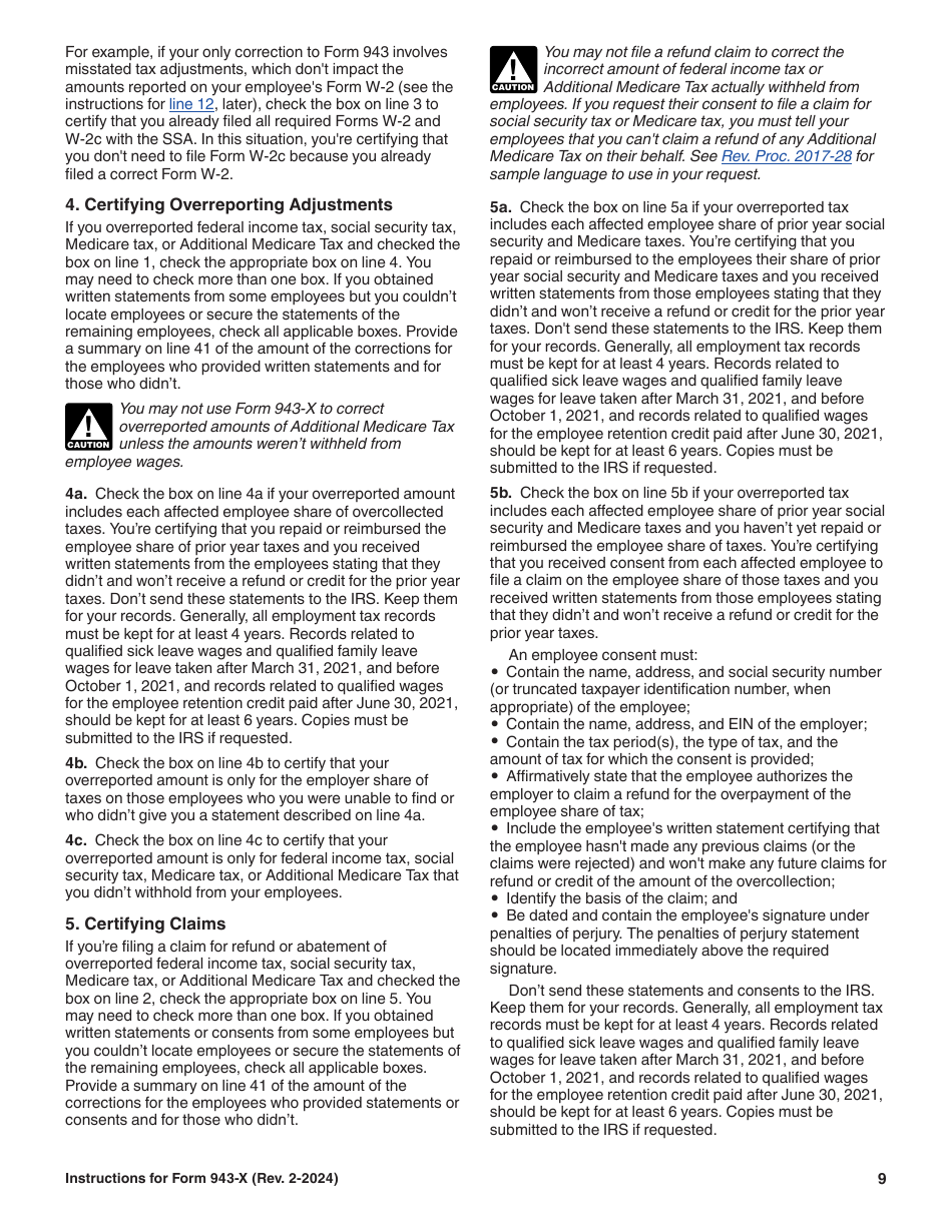 Instructions for IRS Form 943-X Adjusted Employers Annual Federal Tax Return for Agricultural Employees or Claim for Refund, Page 9
