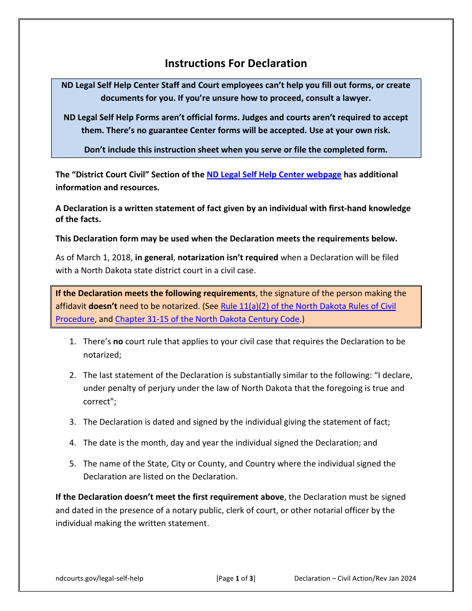 Declaration - Civil Action - North Dakota, Page 1