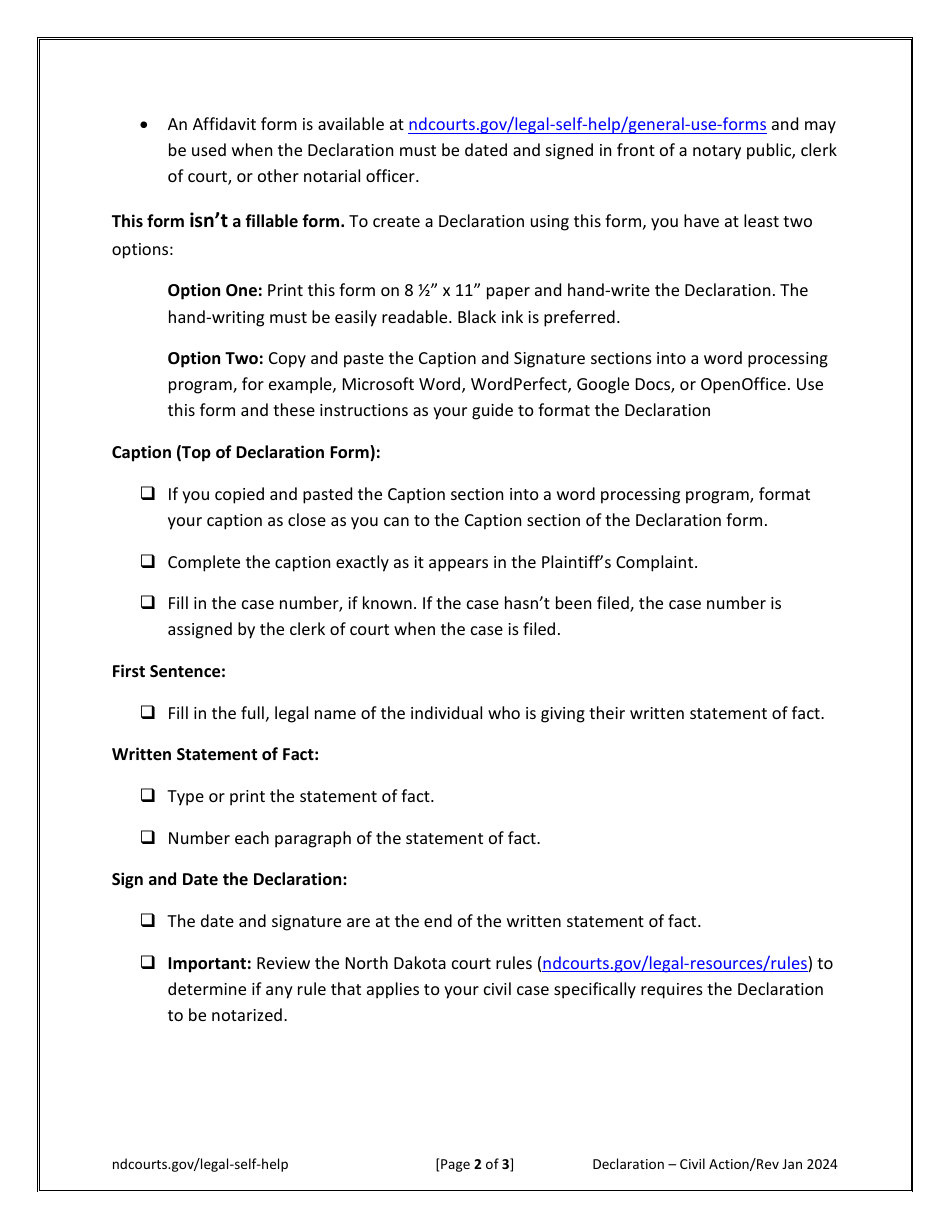 Declaration - Civil Action - North Dakota, Page 2