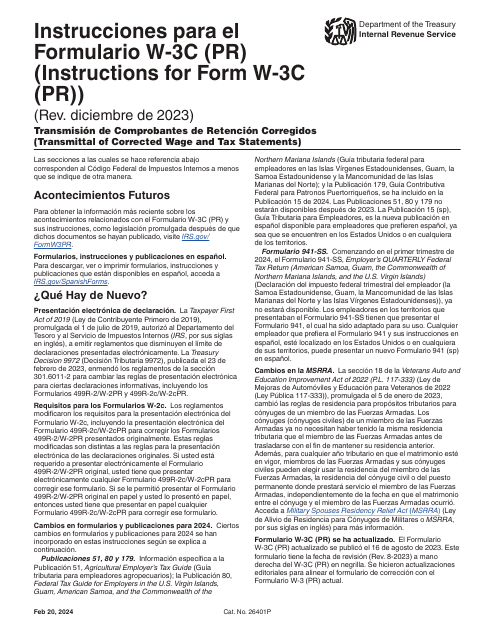 Instrucciones para IRS Formulario W-3C (PR) Transmision De Comprobantes De Retencion Corregidos (Puerto Rican Spanish)