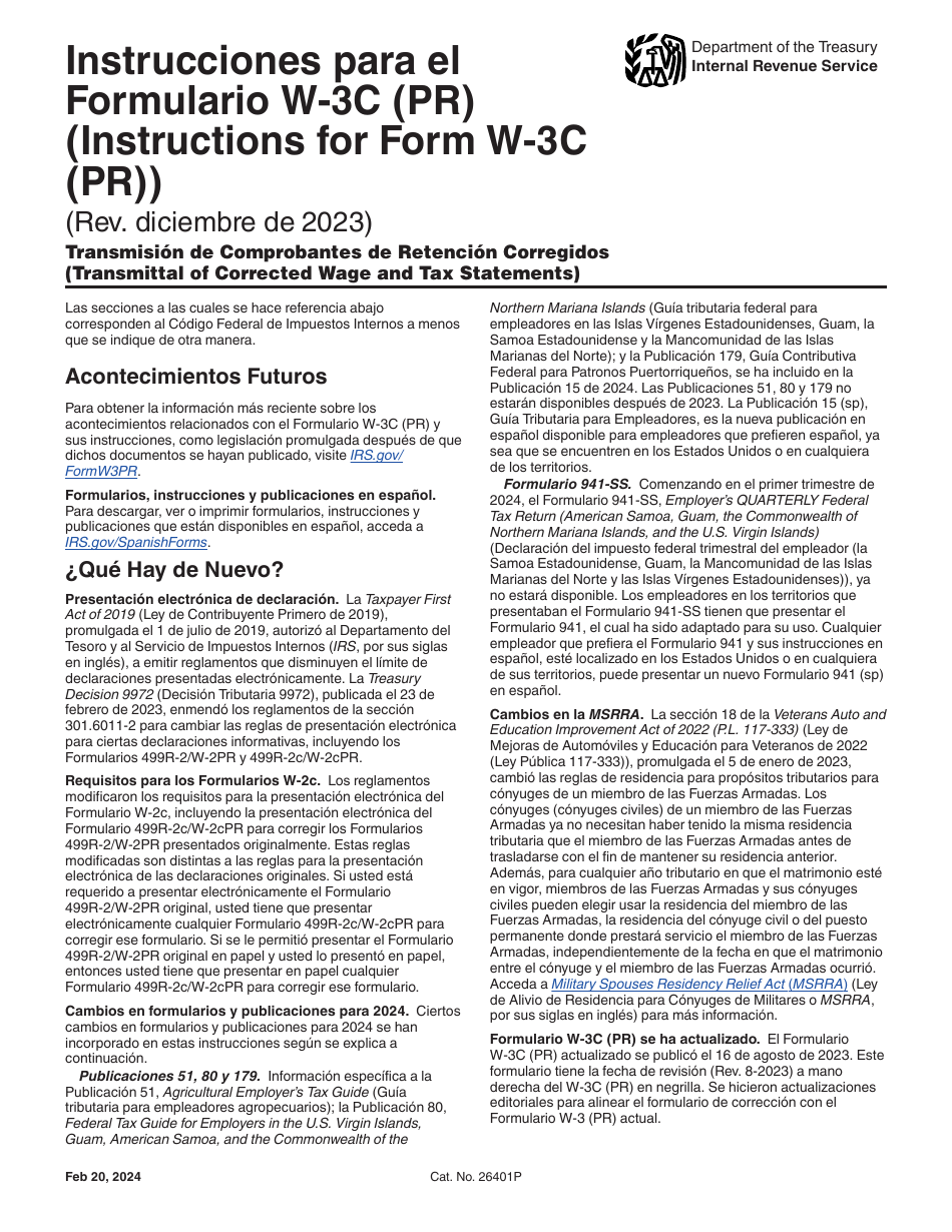 Instrucciones para IRS Formulario W-3C (PR) Transmision De Comprobantes De Retencion Corregidos (Puerto Rican Spanish), Page 1