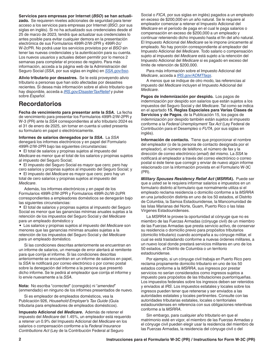Instrucciones para IRS Formulario W-3C (PR) Transmision De Comprobantes De Retencion Corregidos (Puerto Rican Spanish), Page 2