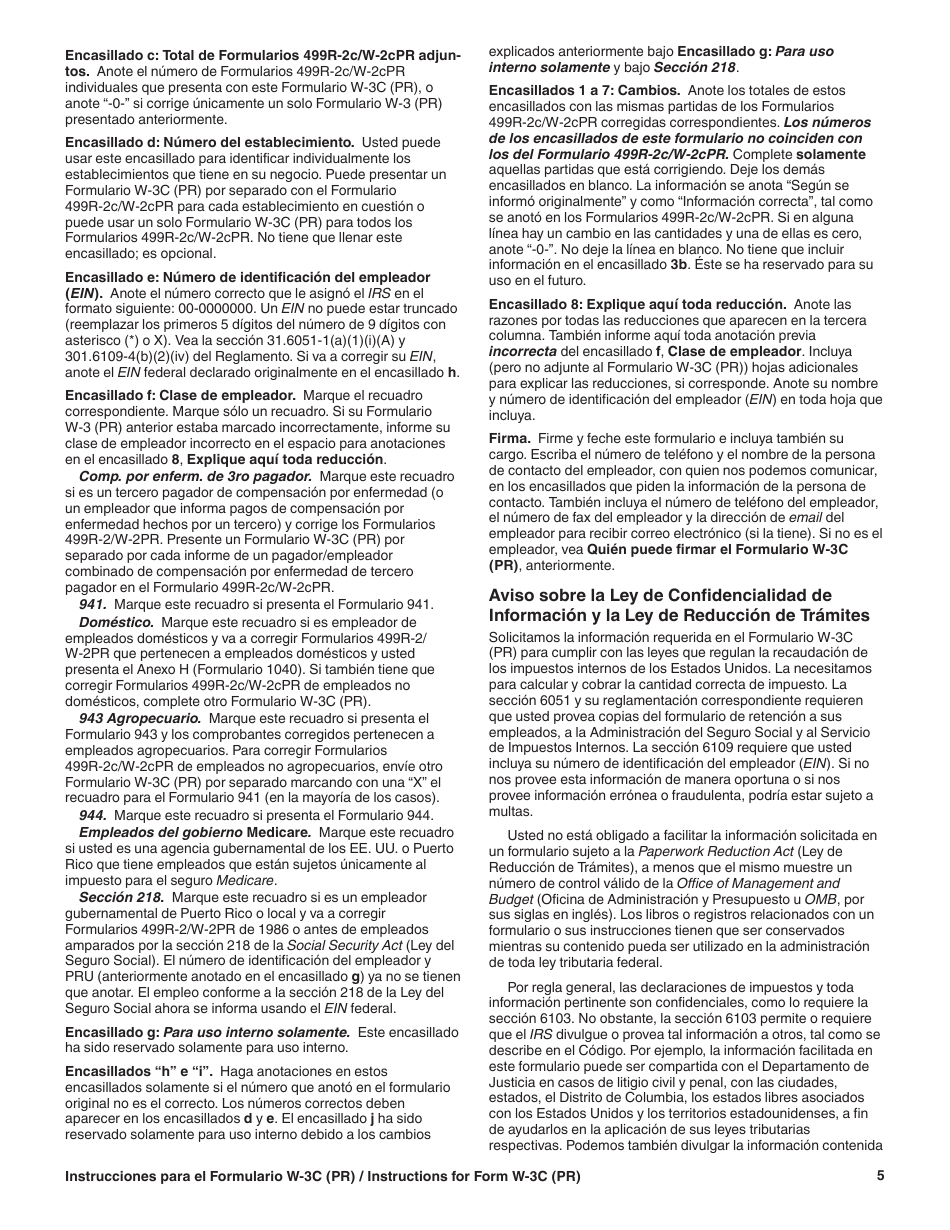 Instrucciones para IRS Formulario W-3C (PR) Transmision De Comprobantes De Retencion Corregidos (Puerto Rican Spanish), Page 5
