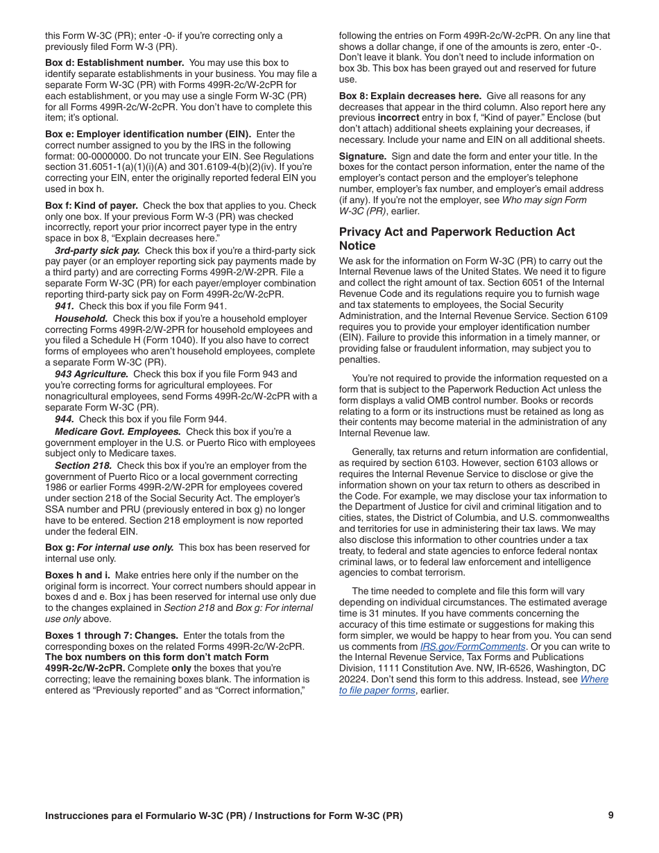 Instrucciones para IRS Formulario W-3C (PR) Transmision De Comprobantes De Retencion Corregidos (Puerto Rican Spanish), Page 9