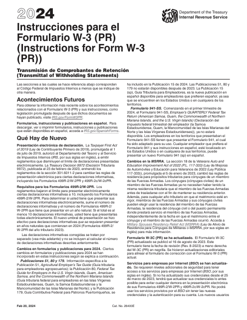 Instrucciones para IRS Formulario W-3 (PR) Transmision De Comprobantes De Retencion (Puerto Rican Spanish), 2024