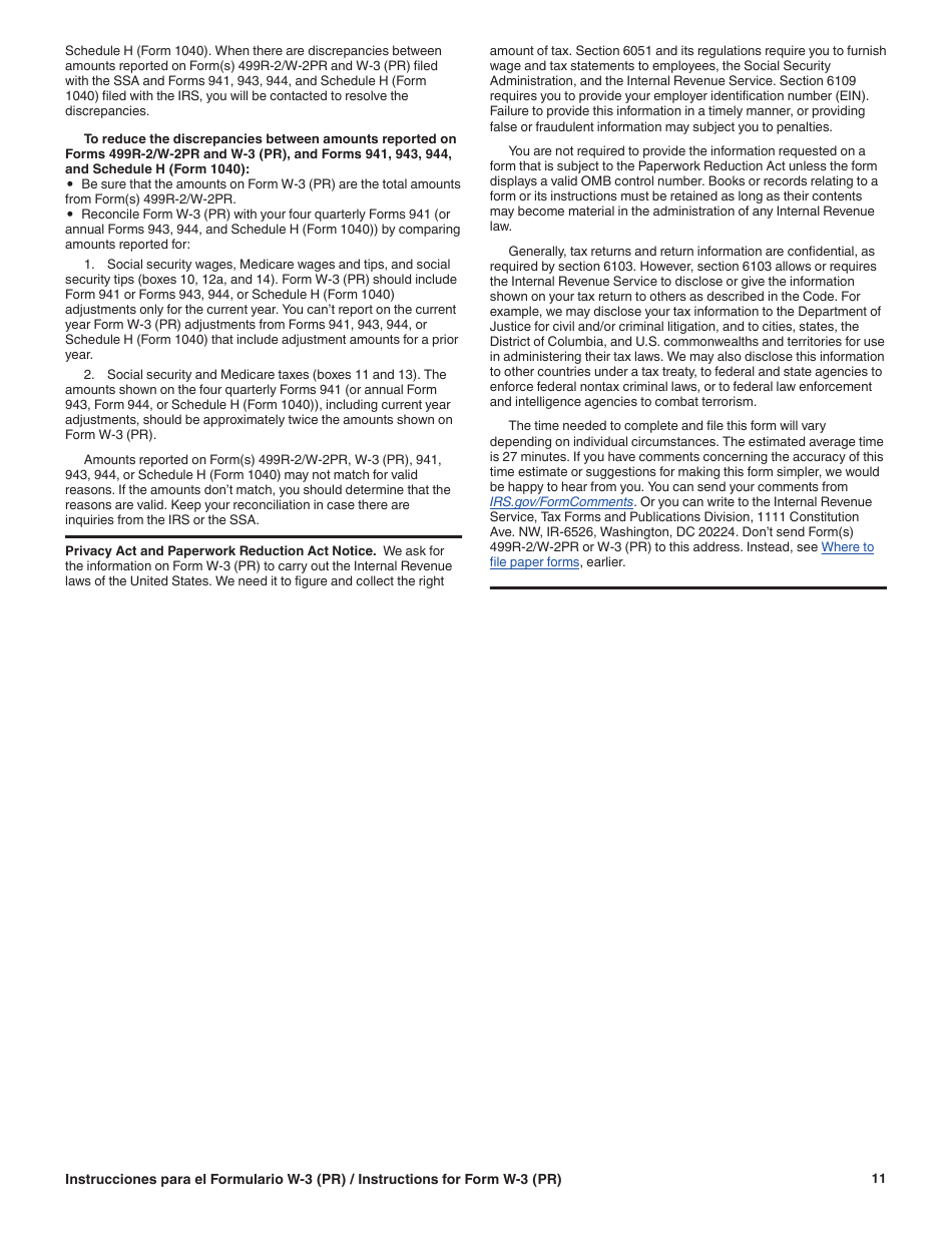 Instrucciones para IRS Formulario W-3 (PR) Transmision De Comprobantes De Retencion (Puerto Rican Spanish), Page 11