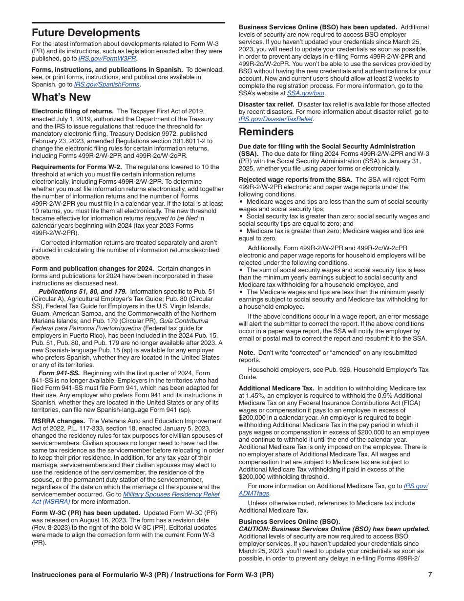 Instrucciones para IRS Formulario W-3 (PR) Transmision De Comprobantes De Retencion (Puerto Rican Spanish), Page 7