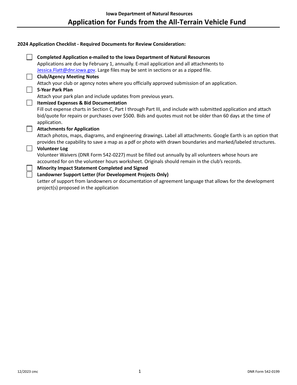 DNR Form 542-0199 Application for Funds From the All-terrain Vehicle Fund - Iowa, Page 1