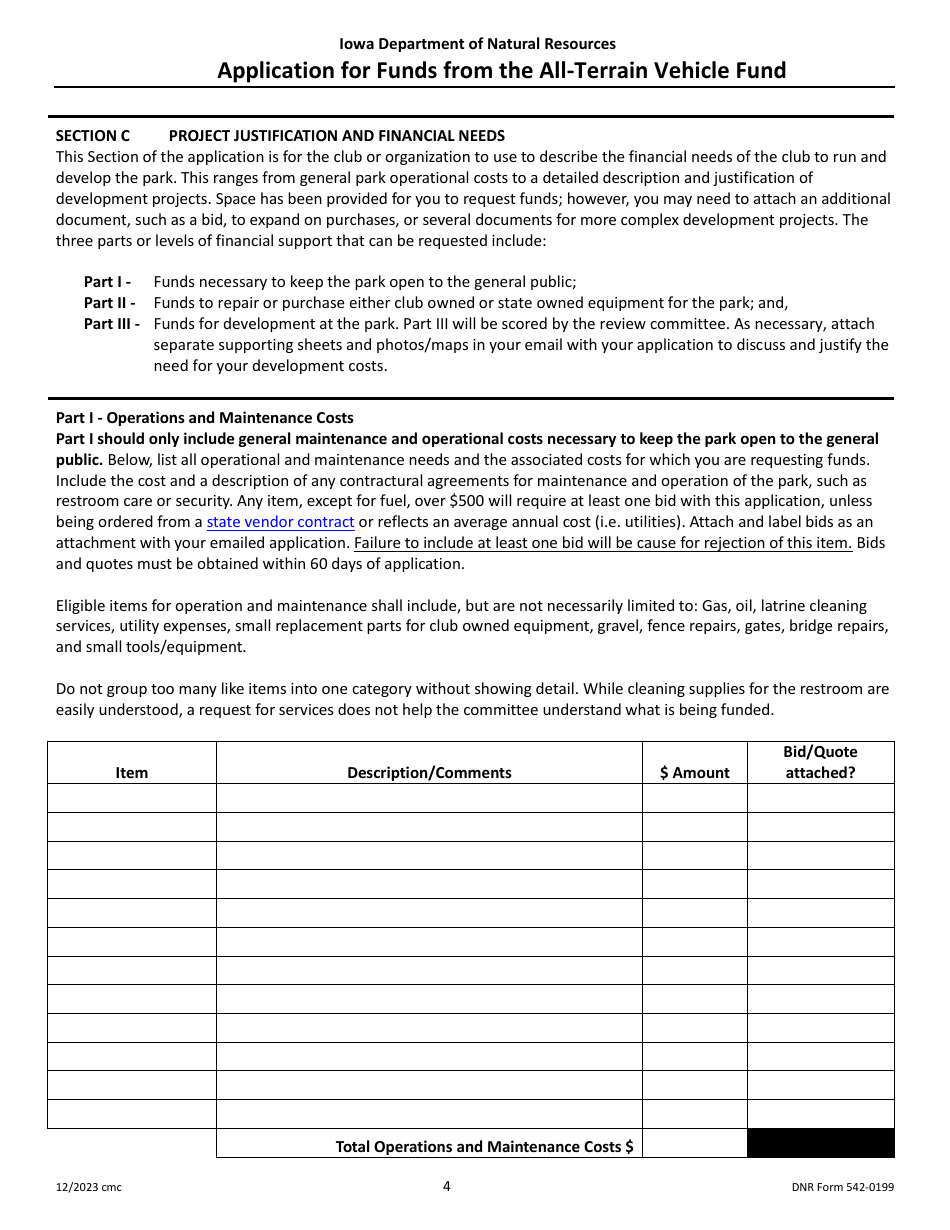 DNR Form 542-0199 Application for Funds From the All-terrain Vehicle Fund - Iowa, Page 4