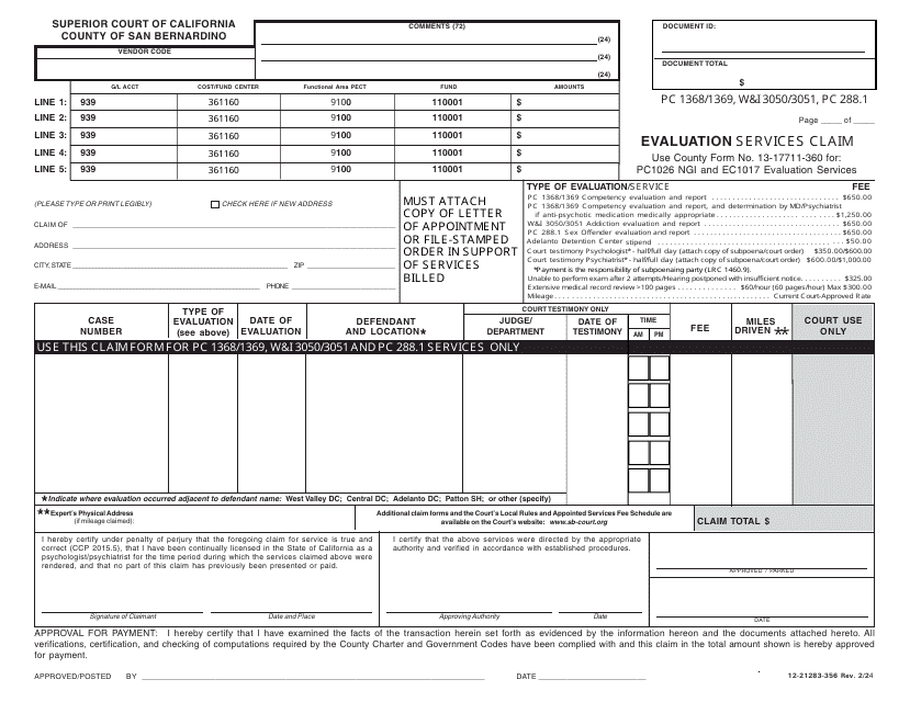 Form 12-21283-356 Evaluation Services Claim - County of San Bernardino, California