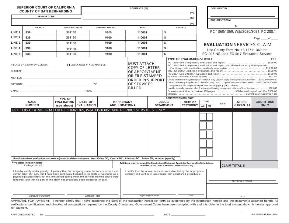 Form 12-21283-356 Evaluation Services Claim - County of San Bernardino, California, Page 1
