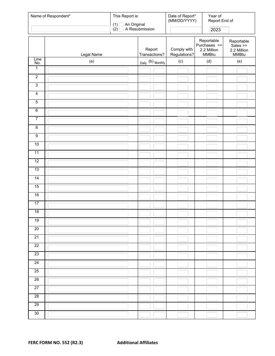 FERC Form 552 Download Fillable PDF or Fill Online Annual Report of ...