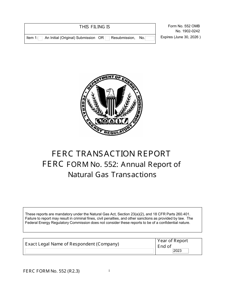 FERC Form 552 Annual Report of Natural Gas Transactions, Page 1
