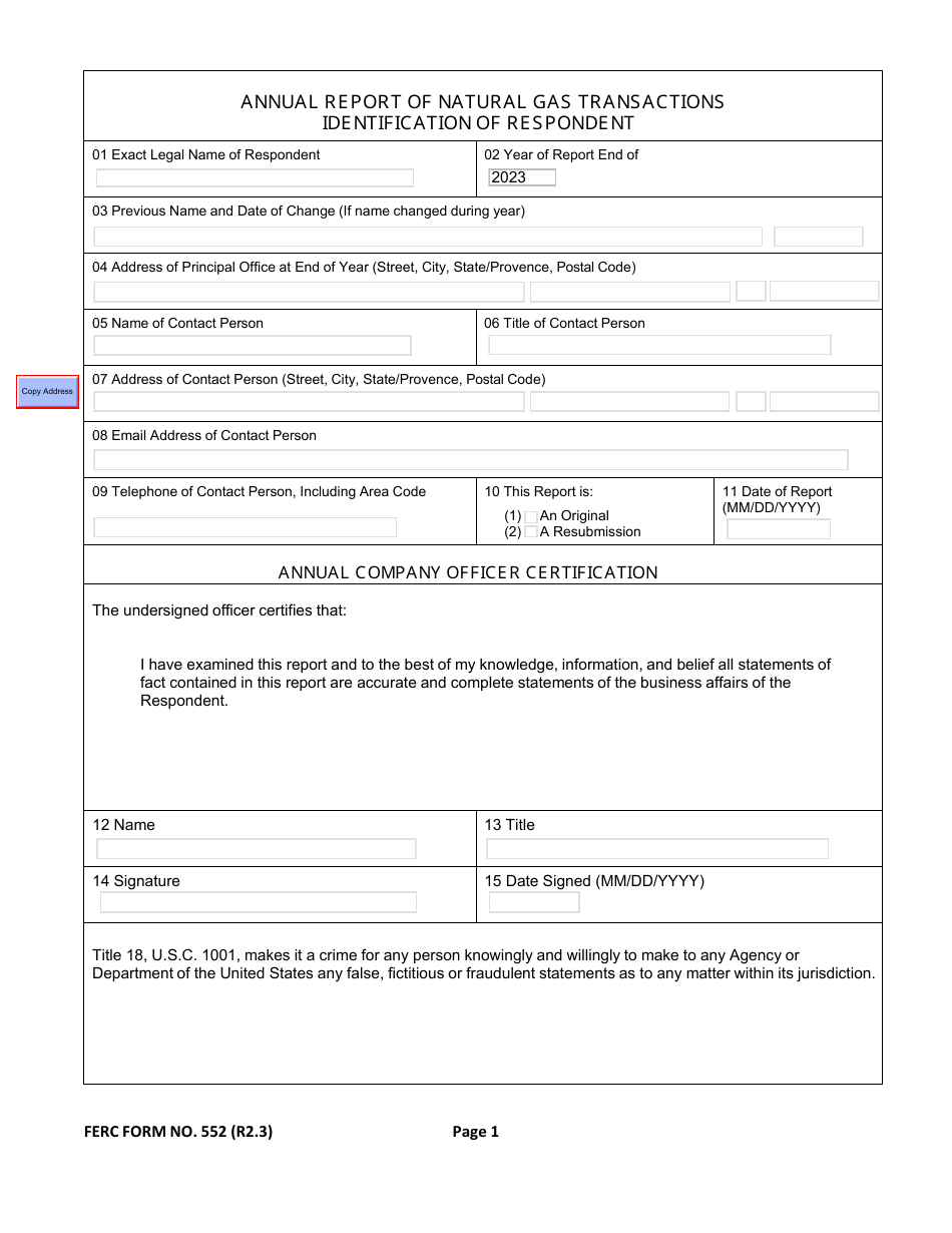 FERC Form 552 Download Fillable PDF or Fill Online Annual Report of ...