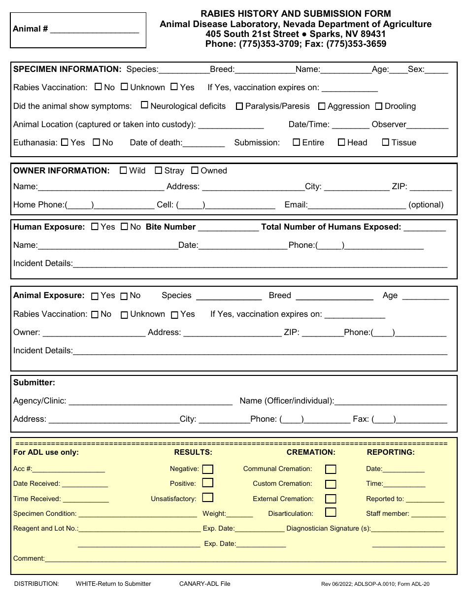 Form ADL-20 Rabies History and Submission Form - Nevada, Page 1