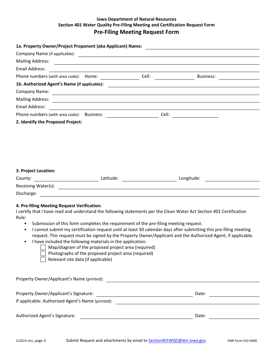 DNR Form 542-0400 Section 401 Water Quality Pre-filing Meeting and Certification Request Form - Iowa, Page 3
