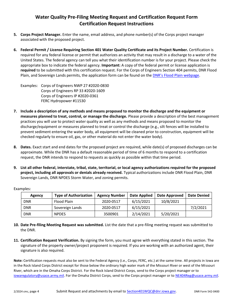 DNR Form 542-0400 Section 401 Water Quality Pre-filing Meeting and Certification Request Form - Iowa, Page 4