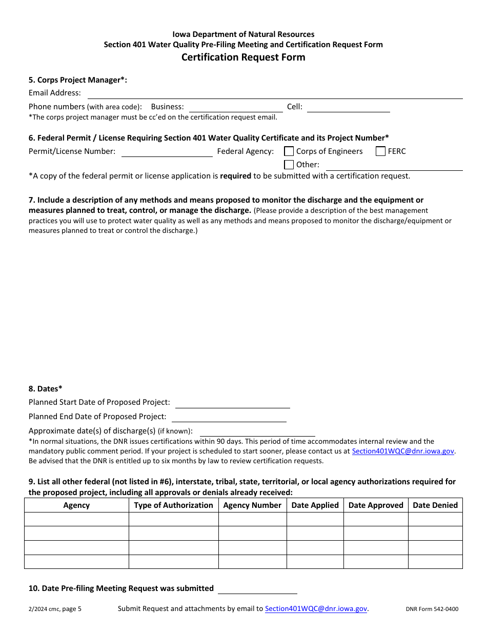 DNR Form 542-0400 Section 401 Water Quality Pre-filing Meeting and Certification Request Form - Iowa, Page 5
