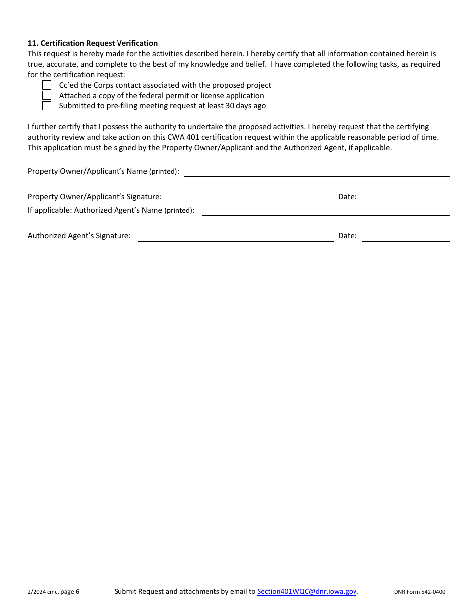 DNR Form 542-0400 Section 401 Water Quality Pre-filing Meeting and Certification Request Form - Iowa, Page 6
