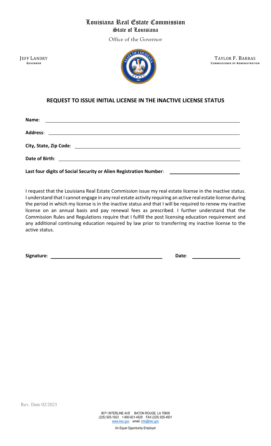 Request to Issue Initial License in the Inactive License Status - Louisiana, Page 1