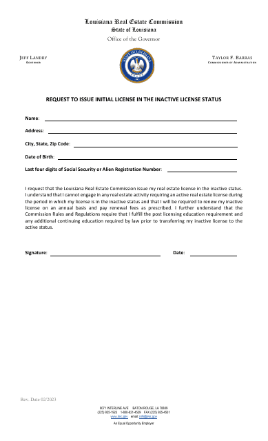 Request to Issue Initial License in the Inactive License Status - Louisiana Download Pdf