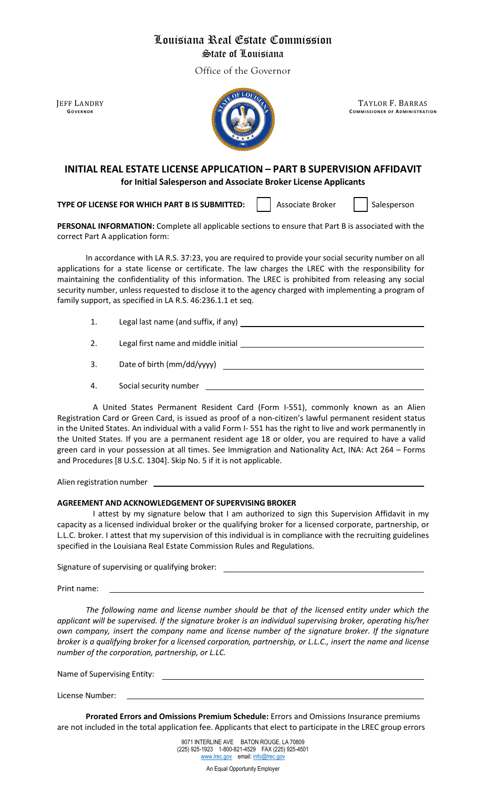 Part B Initial Real Estate License Application - Supervision Affidavit - Louisiana, Page 1