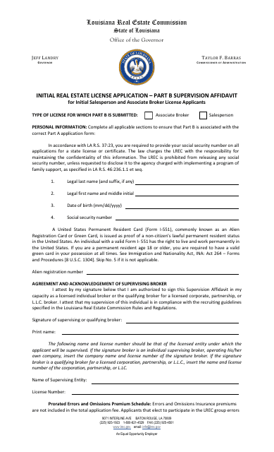Part B Initial Real Estate License Application - Supervision Affidavit - Louisiana