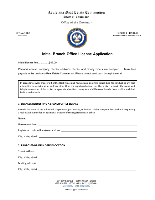 Initial Branch Office License Application - Louisiana Download Pdf