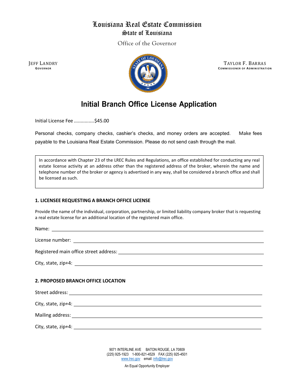 Initial Branch Office License Application - Louisiana, Page 1