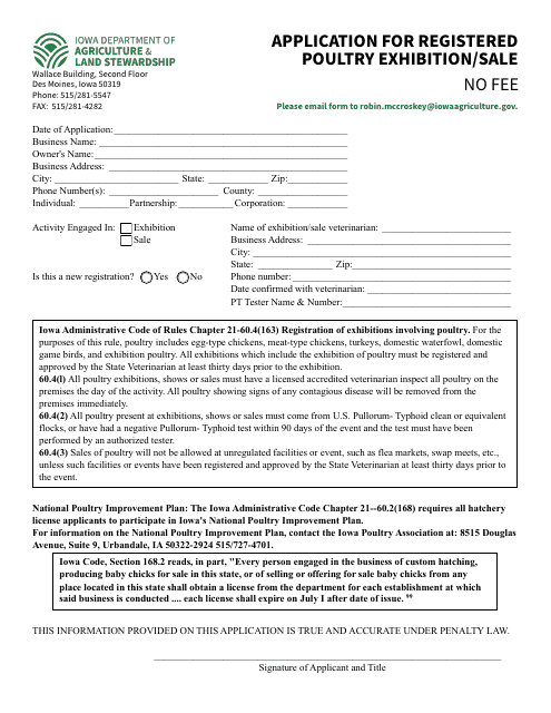 Application for Registered Poultry Exhibition/Sale - Iowa