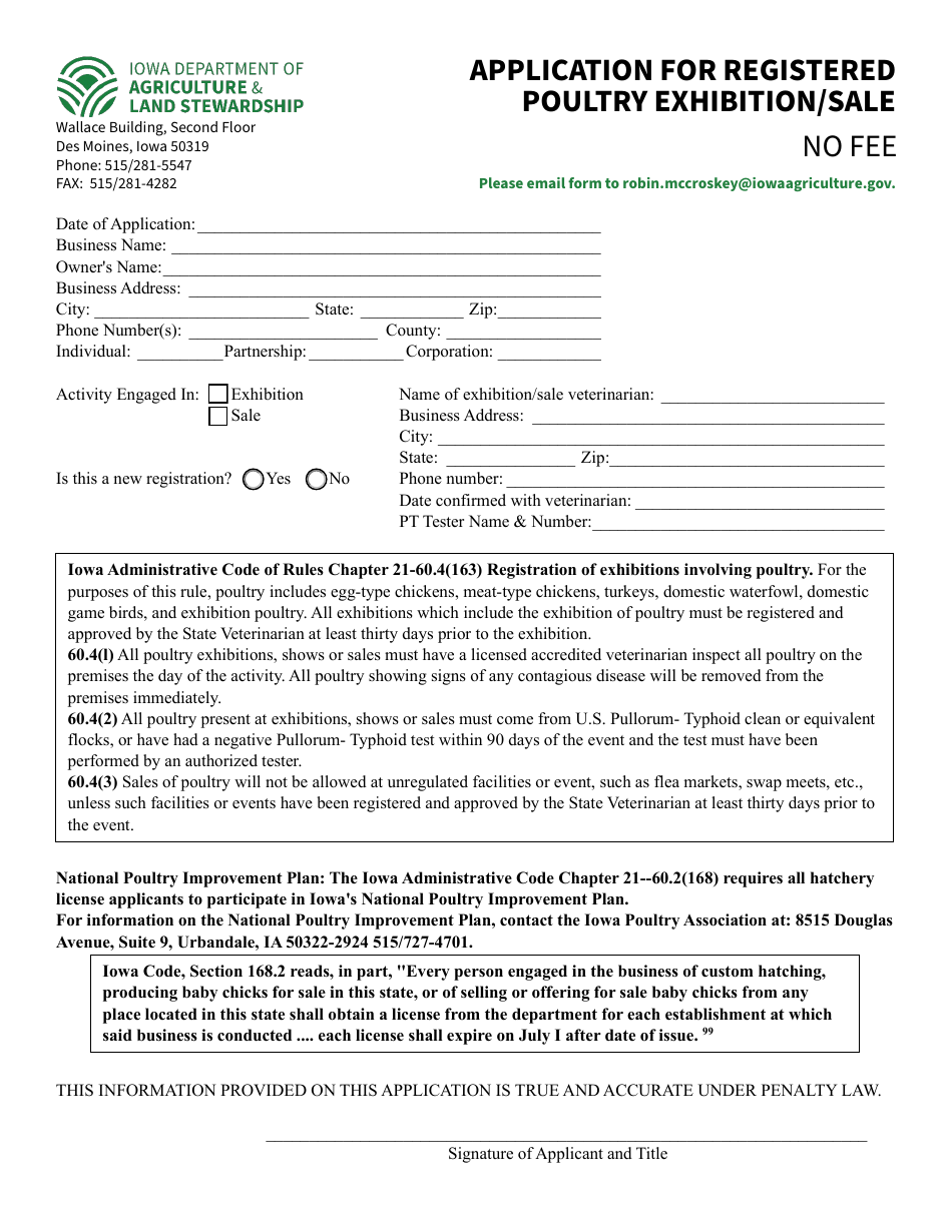 Application for Registered Poultry Exhibition / Sale - Iowa, Page 1